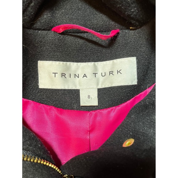 Trina Turk Parka Coat 8 Black Pink Bailey Wool Blend Duffle Coyote Fur Trim Hood - Picture 6 of 16